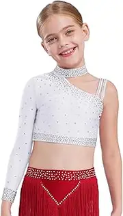 [Linjinx] Kids Girls Sparkly Rhinestone Jazz Latin Modern Lyrical Ballet Dance Crop Tops Shirt Performance Costume