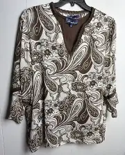 NWT Susan Graver WhiteBrown Floral Sheer Chiffon Peasant Top Tank Set Neutral 2X
