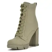 Nine West Vega7 Teal Lace Up Textile Rounded Toe Block Heel Ankle Fashion Boots
