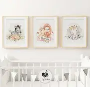 Girl Nursery Wall Art Prints Elephant, Lion and Zebra, Dream Big, Floral prints