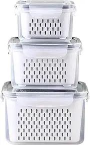 BAKAMITAYI 3Pack Fridge Fruit Storage Containers Plutuus BPA free Plastic Produce Keepers with Lid & Colander for Salad Berry Lettuce watermelon Storage - Easily Wash
