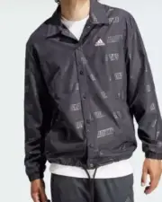 Adidas Embossed Woven Coaches Jacket Men Size M New Black All Over Print IJ6434