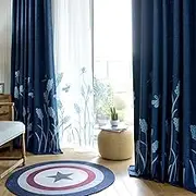 Melodieux Wheat Embroidery Linen Wide Curtains for Living Room Patio Door Large Window Grommet Drape Farmhouse Style, Navy/Blue, 100 by 96 Inch (1 Panel)