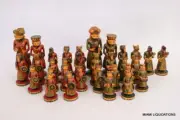 Wooden Chess Set Hand Painted King 6" Animal Musicians India Vintage Collectible
