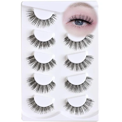 Wispy Short Mink Lashes - 3D Cat Eye Look, 5 Pairs Natural Strip Lashes