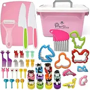 Perlli Real Kids Montessori Baking and Cooking Set for Toddlers – 44 Piece Safe Kit Including Utensils, Crinkle Cutter, Peeler, Safe Knives, & More - Educational Baking Gift Set for Ages 3+, Pink