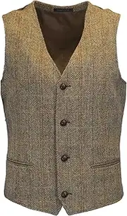 [Walker and Hawkes] Walker & Hawkes - Mens Classic Scottish Harris Tweed Herringbone Overcheck Country Waistcoat - White Sand - 38-48