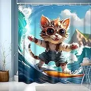 Funny Cat Shower Curtain 180x220cm, Cute Cartoon Bathtub Curtain, Sea Ocean Wave Bath Curtain,Polyester Waterproof Bathroom Curtains for Children Bathroom with Hooks