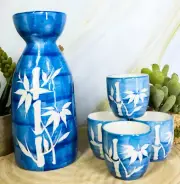 Porcelain Blue Jeans & White Bamboo Japanese Sake Rice Wine Flask And 4 Cups Set