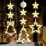LYUBASA [Timer] 3Pcs Christmas Window Lights Decorations,Battery Powered Christmas Hanging Warm White Lighted Tree Bell Star Shaped LED Sucker for Xmas Tree Fireplace Indoor Outdoor Decor
