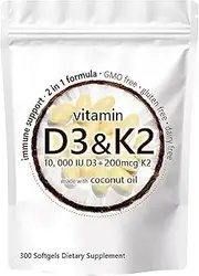 (300 Softgels) Vitamin D3 K2 with Coconut Oil | 10,000 IU D3 + 200 mcg K2 (MK-7) | Non-GMO, Soy-Free, Easy to Swallow