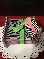 Mud Pie Glass Pink Zebra Print Coasters W/ Metal Storage Display Box 5 Piece Set