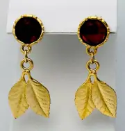 Vintage 1980-90s Matte Gold Tone Brown Lucite Leaf Pierced Earrings