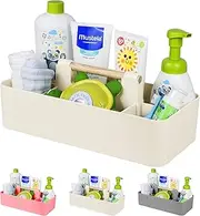 Baby Shower Caddy Plastic Nursery Portable Storage Organizer Caddy Tote for Child/Kids, Divided Basket Bin with Wood Handle for Bathroom, Dorm Room, Holds Hand Soap, Bottles, Spoons (Beige)