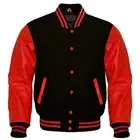 Varsity Letterman Baseball Bomber Jacket, Cowhide Leather Sleeves, Black And Red