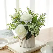Artificial Flowers with Small Ceramic vase Eucalyptus Leaves Berry Rose de coration Bouquet Room, Living Room, Bedroom Decoration (White)