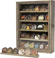 DecoWoodo 5 Rows Military Challenge Coin Display Case with HD Tempered Glass Door, Medal Display Cabinet with Removable Shelves, Poker Chip Coin Holder Shadow Box for Collectors, Rustic Wood Finish