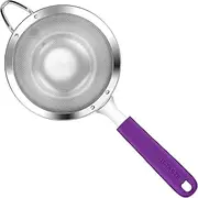 U-Taste 12cm Medium Mesh Strainer - 18/8 Stainless Steel Kitchen 30-Mesh Fine Food Sieve with Heavy Duty Riveted Silicone Handle, 6.5cm Deep Handheld Metal Cook Colander for Rice, Flour (Purple)