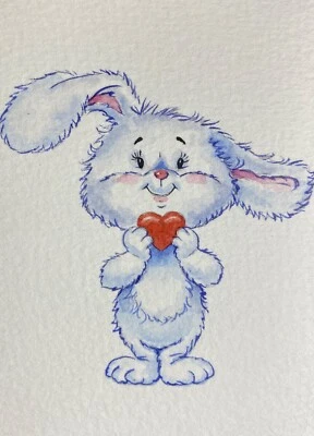 Watercolor Painting Hare Rabbit Heart Love ACEO Art No.316