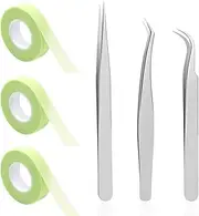 3 Rolls Eyelash Extension Tape with Tweezers, SourceTon Micropore Fabric Tape Roll 0.5 Inch 10 Yards (Green) with 3 PCS Straight Pointed and Curved Tweezers (Silver)