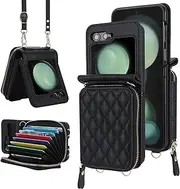 NINKI Compatible Samsung Galaxy Z Flip 6 Case Wallet with Card Holder,Shockproof Leather Detachable Crossbody Lanyard Case for Samsung Z Flip 6 Wallet Case Purse,Galaxy Z Flip 6 Case for Women Black