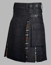 Mens Scottish Black Denim Hybrid Kilt Leather strap Kilt Tartan Inner Pleat Kilt