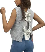 [Generic] Basics Womens Tops Women Casual Crop Knit Cardigan Vest Bow Tie Back Knitted Tank Tops Compression Top