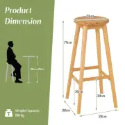 Bamboo Bar Stools with Footrest for Kitchen & Dining, Set of 2, 79 cm Height