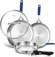 [Inqibee] 8.5-10-12 Inch Tri-Ply Stainless Steel Frying Pan set of 3 with a Lid,Skillets,Induction Cooking Pans,Pots and Pans Set,Oven and Dishwasher Safe,Detachable Handle.
