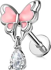 [OUFER] 16G Butterfly Helix Piercing Internal Thread Cartilage Ear Piercing Stainless Steel 316L Tragus Earring Transparent/Pink Teardrop CZ Lip Stud for Women 6 mm