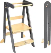 Foldable Wooden Toddler Kitchen Tower with Safety Rail, Kitchen Stool Helper, St