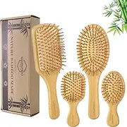 SAMEBUTECO Hair Brush Set Natural Bamboo Bristles Paddle Detangling Brushes for Thick, Thin, Curly, and Dry Hair Wooden Hair Message Brushes(4 packs)