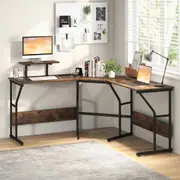 Giantex 225cm L-shaped Computer Desk Corner Writing Table w/Movable Monitor Stand Home Office Workstation Brown