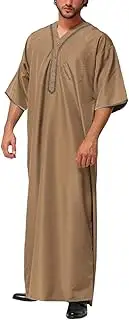 [Generic] Summer Mens Cotton Linen Robe V Neck Long Sleeve Muslim Gown Casual Loose Fit Breathable Side Split Home Beach Shirt, B#khaki, X-Large, B#khaki, X-Large