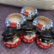 (3) Studio Pottery Handmade Hand painted Snowman With Candle Filled With Lid