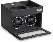 LIAN Automatic Double Watch Winder with Extra Storage Box Automatic Watch Winder Box with Jewelry Organizer Japanese Quiet Motor LED Light Adjustable Watch Pillows Black Leather Grey