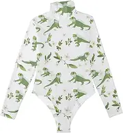 [voucong] Cute Green Iguana Reptile White long sleeve Women Body Suits Tummy Control Shapewear Sexy Tops for Women Mock Turtle Neck Medium size, Cute Green Iguana Reptile White