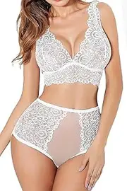 [Generic] Women Lace Lingerie Set Sexy Sheer Mesh Bra and Panty Set High Waist 2 Piece