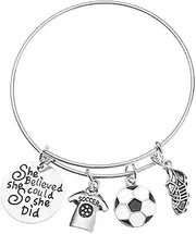 [Sportybella] Soccer Bracelet, Soccer She Believed She Could So She Did Jewelry, Soccer Bangle Bracelet- Soccer Charm Bracelet, Perfect Soccer Gifts