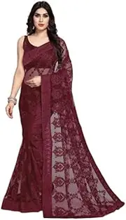 [INDIA MADE] Maroon Floral Embroidered Net Saree - 19283740, Maroon