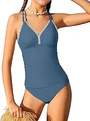 [Queenstyle] Girls Tankini Swimsuit V Neck Crochet Edge Bathing Suit Cross Back Straps Two Piece Swimwear for 9-16 Years