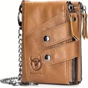 BULLCAPTAIN Genuine Leather Mens Wallet RFID Blocking Short Wallet with Chain Multifunction Card Holder Double Zipper Co