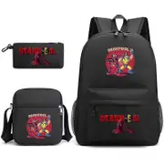 Deadpool And Wolverine Peripheral Three-Piece Schoolbag Male And Female Students Campus Pencil Bag Backpack Black~4