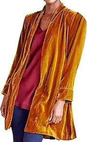 [DSAoTeng] Women Loose Fit Velvet Open Front Lapel Collar Long Sleeve Blazer-Casual Elegant Solid Color Long Outerwear for Work Office Daily Wear