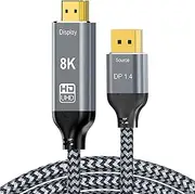 tunghey DisplayPort to HDMI 8K Cable (8K@60Hz,4K@120Hz,2K@144Hz), DP 1.4 to HDMI 2.1 Uni-Directional Braided Cord Support HDCP 2.3/HDR 10/DSC Compatible for AM-D,NV-IDIA and More (3M)