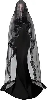 [NICEYEA] 1/2 Tier Black Wedding Veil Soft Tulle Halloween Bridal Veil Classic Gothic Cathedral Veil Window Display Vintage Mantilla Bride Lace Veil Long Shawl Witch Cosplay Headwear