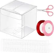 Hilitchi 33Pcs 3.15 x 3.15 x 3.15 Inches Favor Boxes Box Clear Candy Gift Boxes with with Ribbons and Scissors, Plastic Gift Boxes Transparent Cube Boxes Boxes Candy Boxes for Gift Packaging