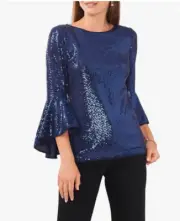 Vince Camuto Metallic Knit Flutter Sleeve Top Navy Size S 1333