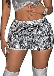 [Generic] Women's Contrast Sequin Drop Waist Dancing Party Bodycon Mini Skirt