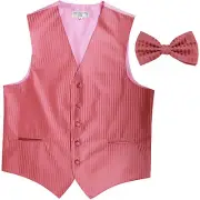 New Men's Vertical Tone on Tone stripes tuxedo Vest Waistcoat & bowtie coral